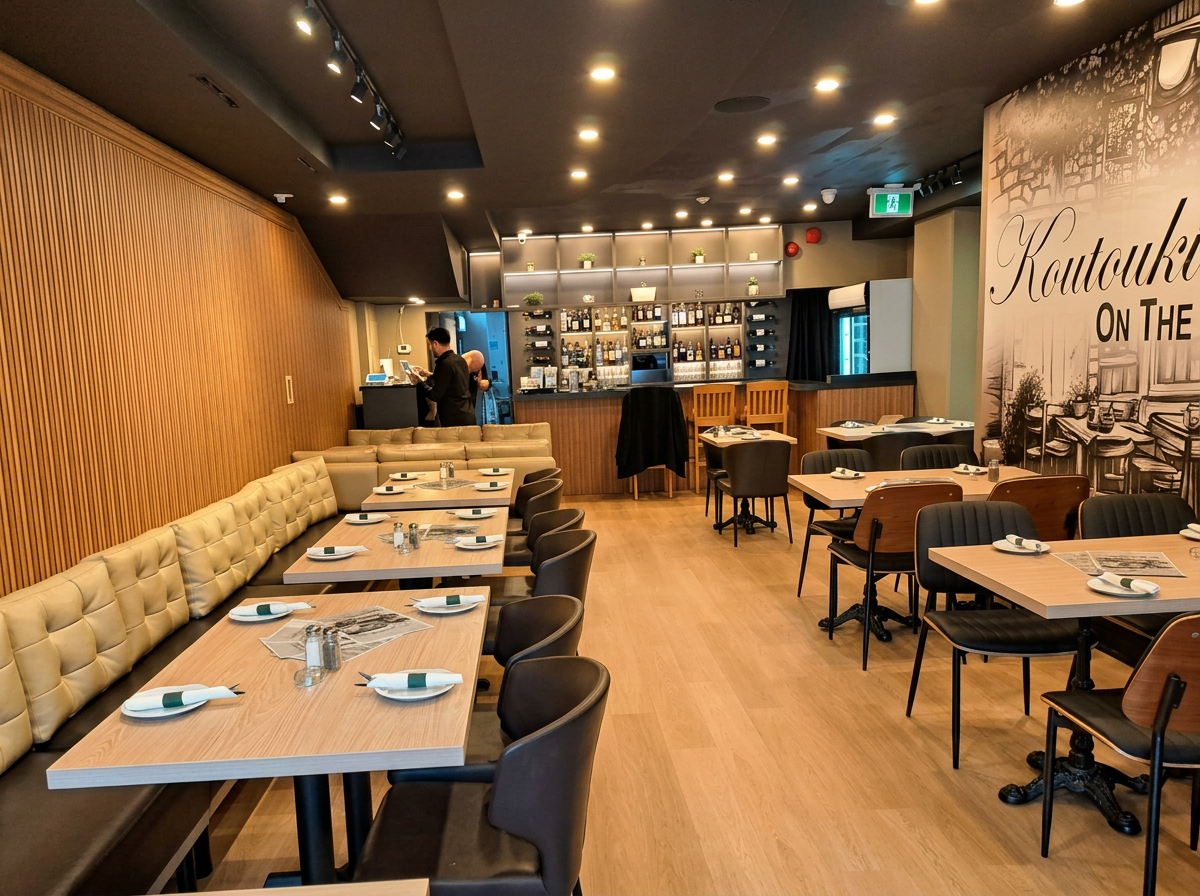 Inside Koutouki Giamas — warm dining room and bar
