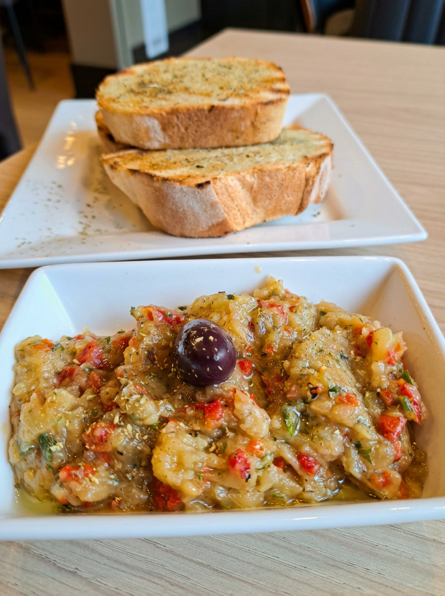 Melitzanosalata — smoky eggplant dip with grilled bread