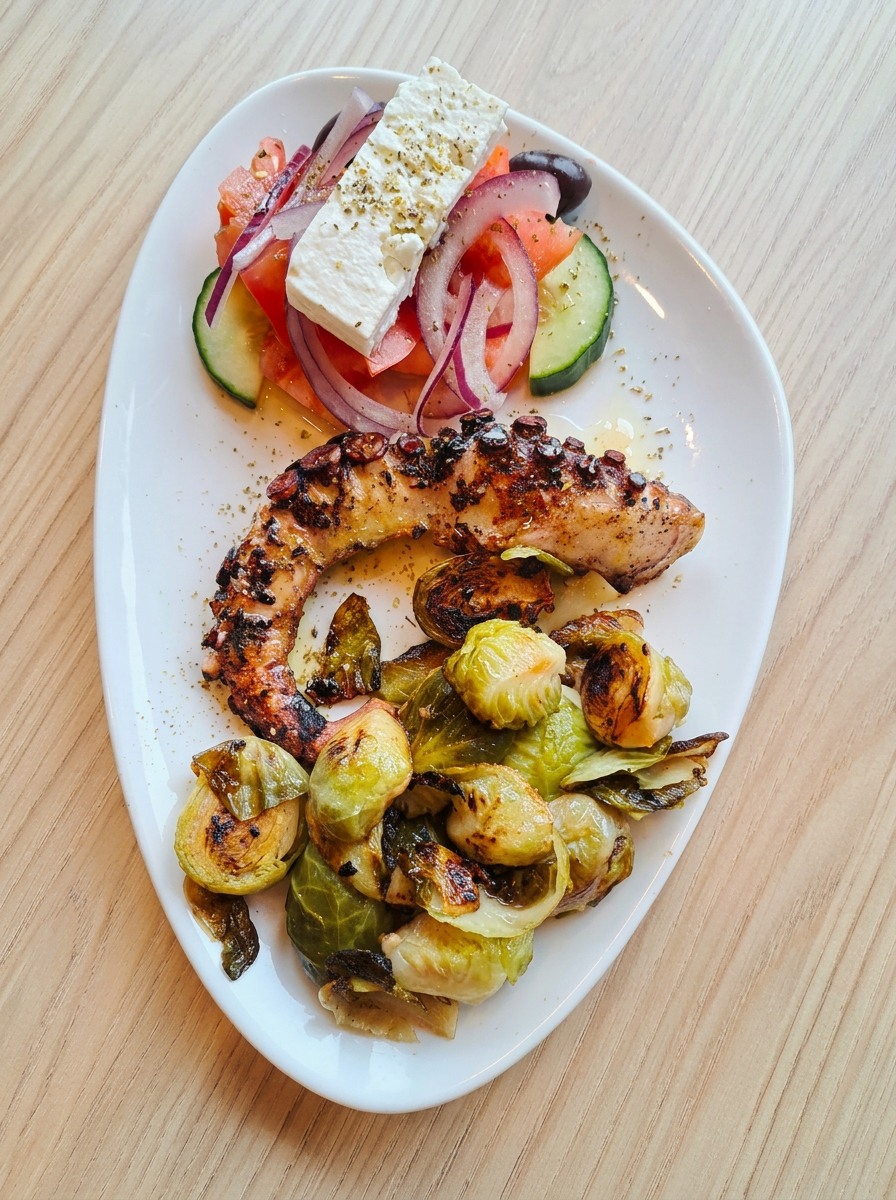 Grilled octopus with Greek salad and roasted brussels sprouts