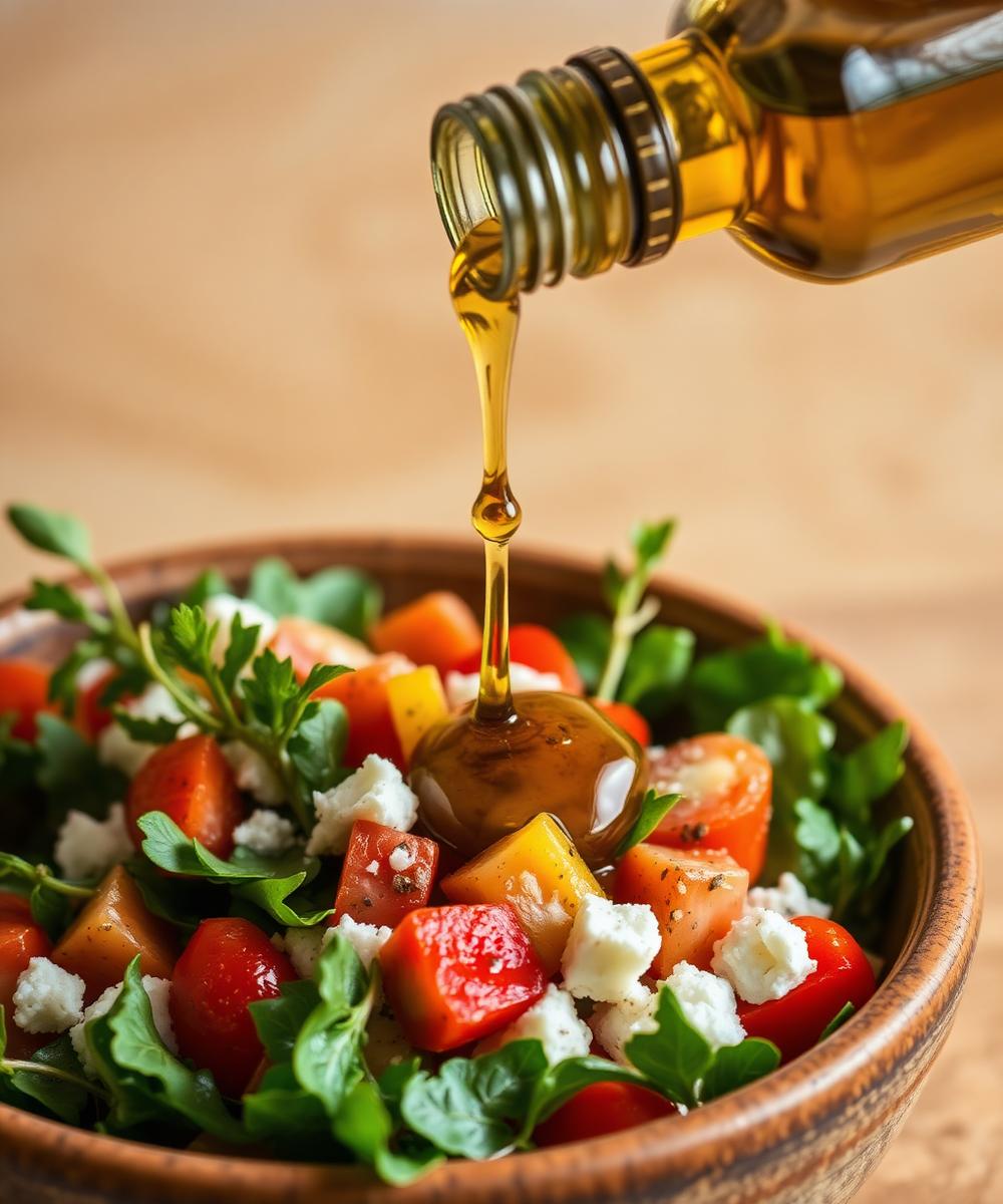 Olive oil being poured over fresh salad