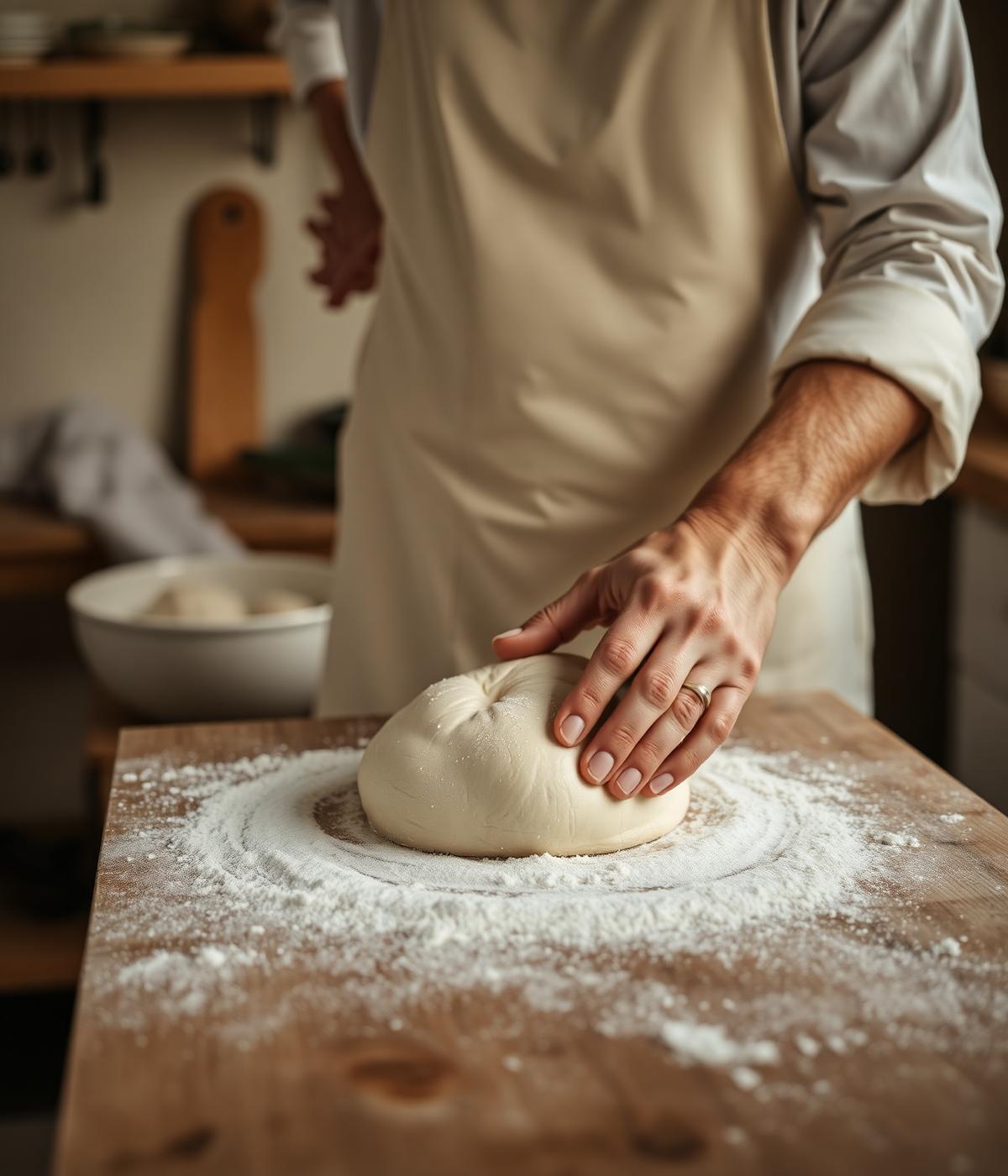 Hands kneading bread dough in the Koutouki Giamas kitchen